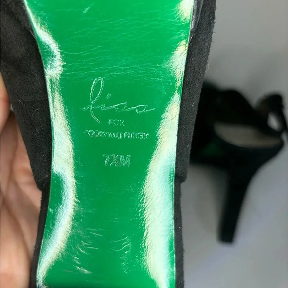 Lisa for Donald J Pliner Black Suede Patent Leather Heel 7.5 Green Bottom - Picture 10 of 15